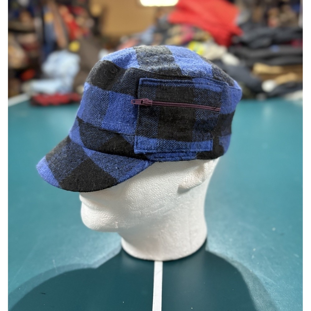 Vintage Y2K Blue Plaid Cadet Hat Military Cap Patrol Flat Top Women's OSFM